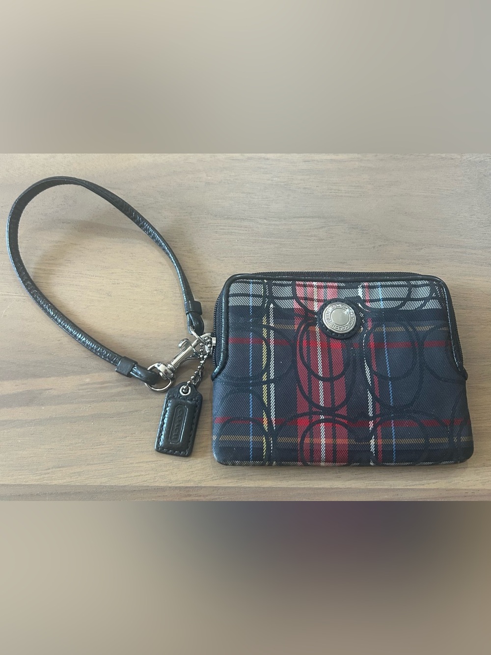 Coach Poppy Tartan Plaid Glitter Wristlet